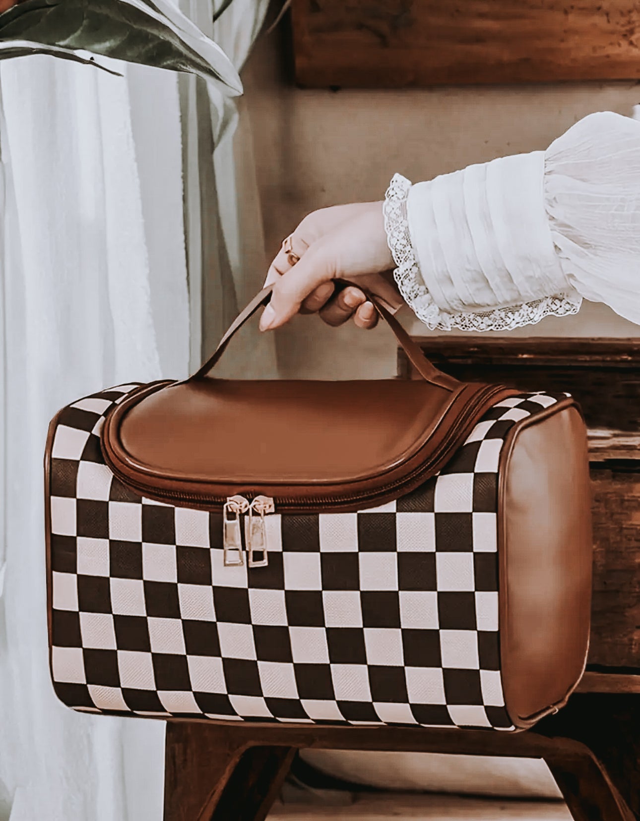 Checkered makeup bag