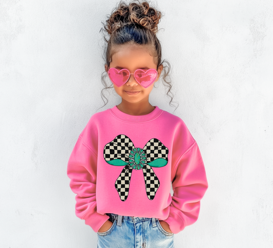 Turq Check Bow Youth Crewneck